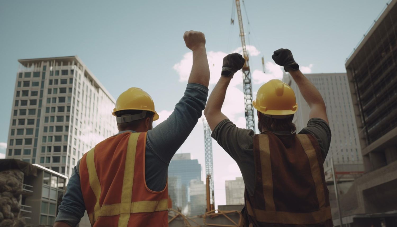 Two construction workers are giving each other a high five at a construction site.
