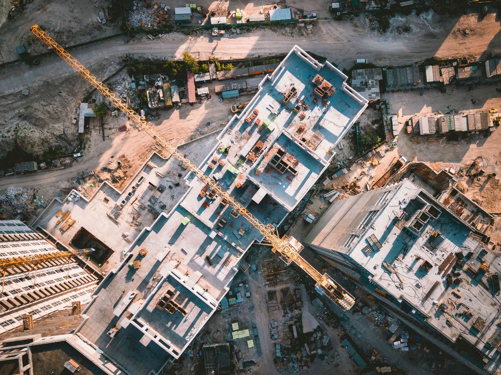 An aerial view of a large building under construction.