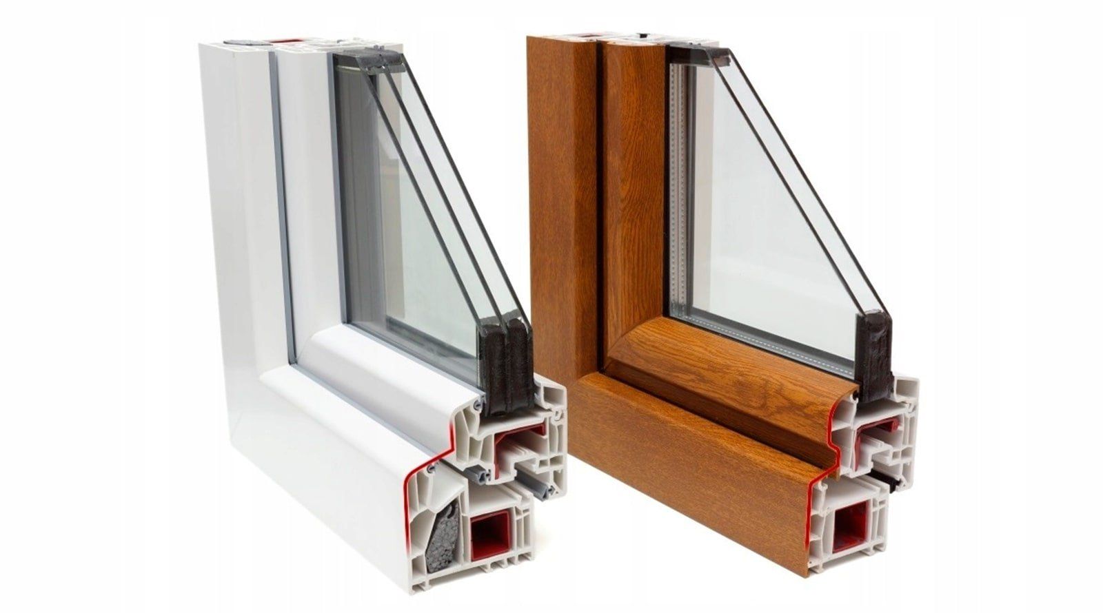 Energy conserving window material A white and a brown window frame on a white background.