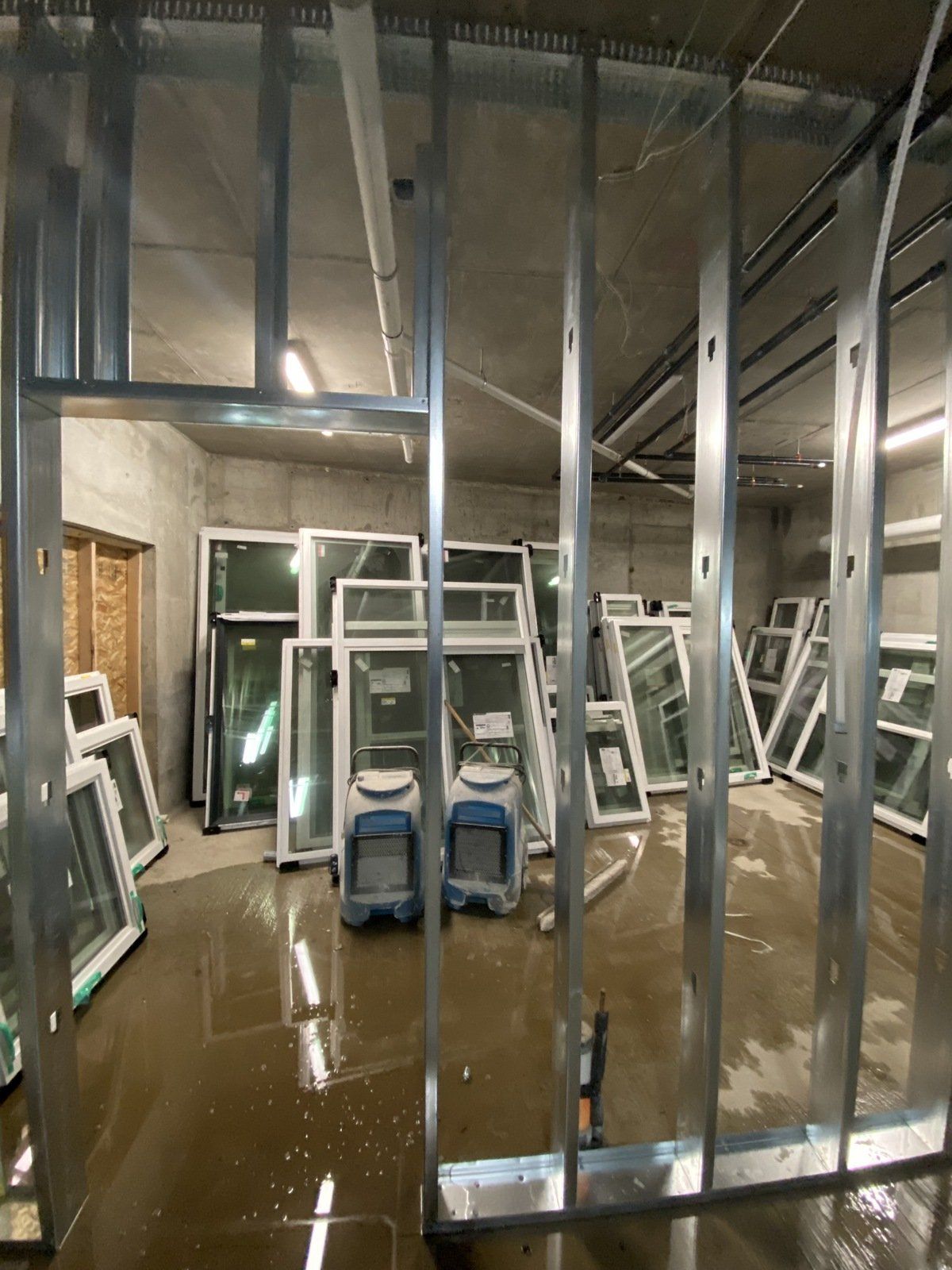 A room with a lot of windows and a lot of metal frames.