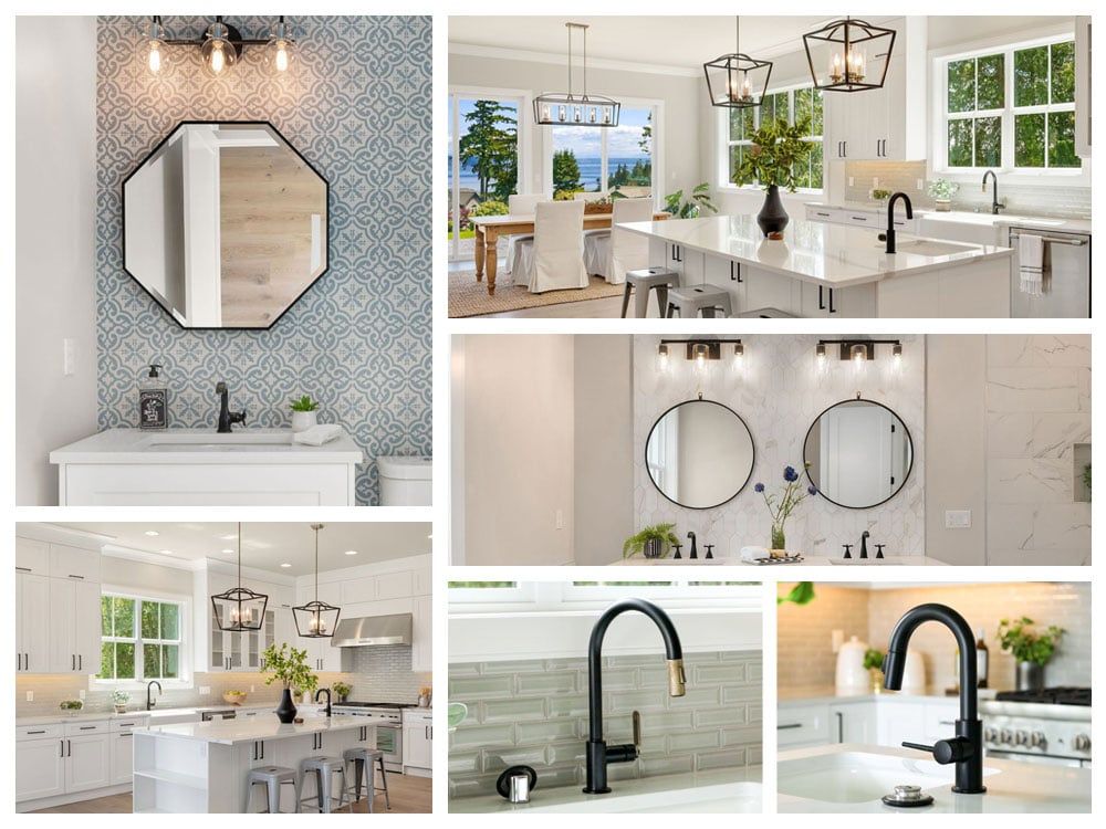 A collage of pictures of a kitchen , bathroom , and living room.