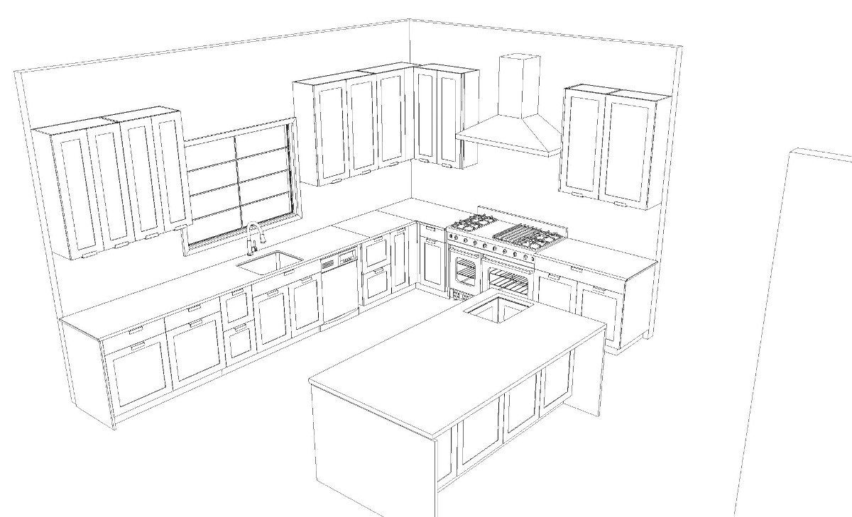 A black and white drawing of a kitchen with cabinets and a table.