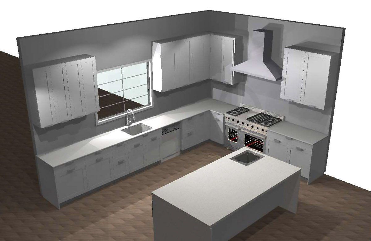 A 3d rendering of a kitchen with white cabinets and stainless steel appliances