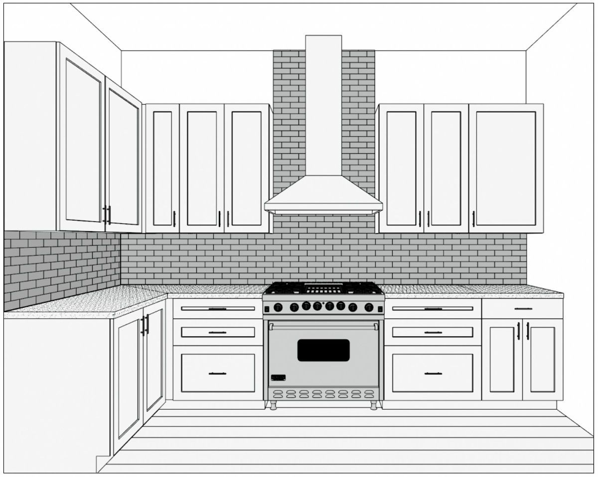 A black and white drawing of a kitchen with white cabinets and a stove.