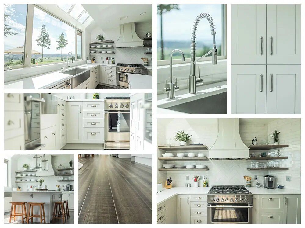 A collage of pictures of a kitchen with white cabinets and stainless steel appliances.