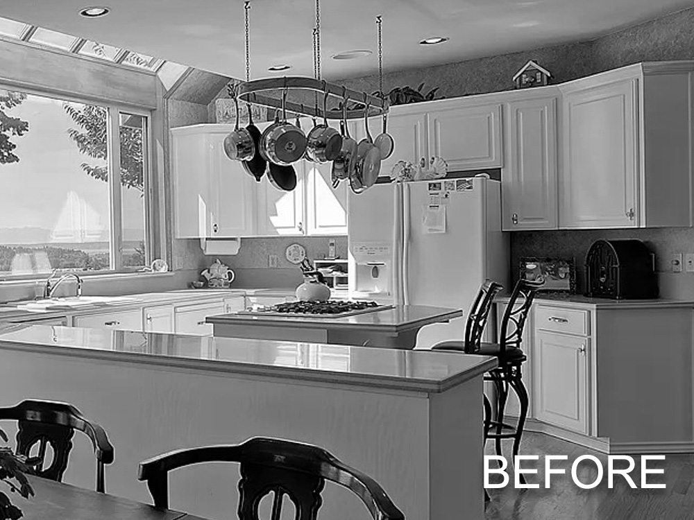 A black and white photo of a kitchen with the word before on the bottom