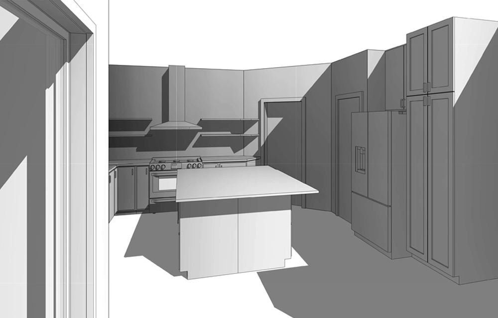 A black and white drawing of a kitchen with a large island.
