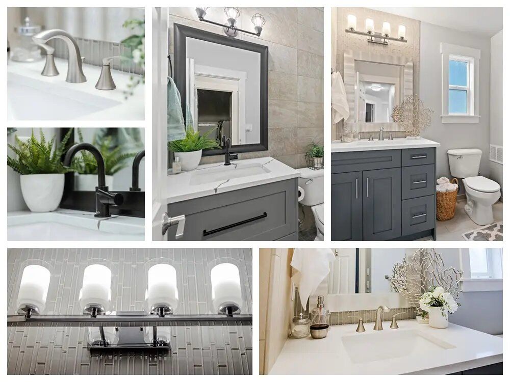 There are many different types of bathroom sinks and mirrors in this collage.