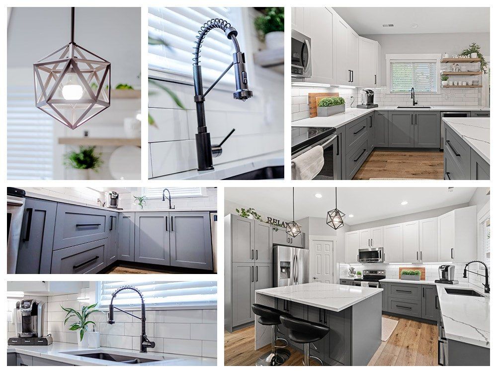 A collage of photos of a kitchen with gray cabinets and white counter tops.