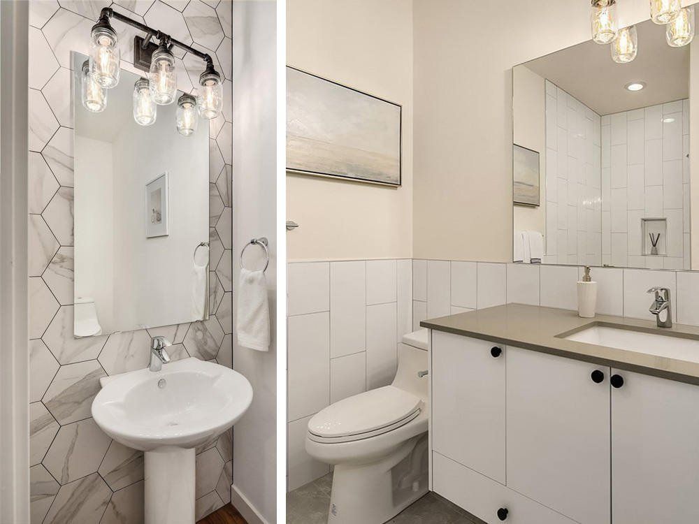 A bathroom with a sink , toilet and mirror.