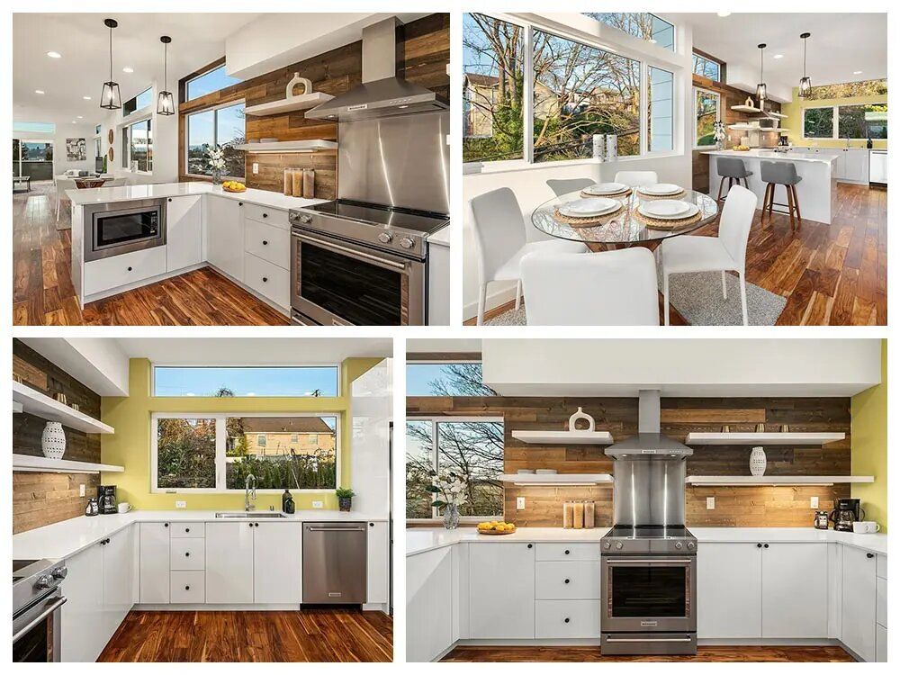 A collage of four pictures of a kitchen and dining room.