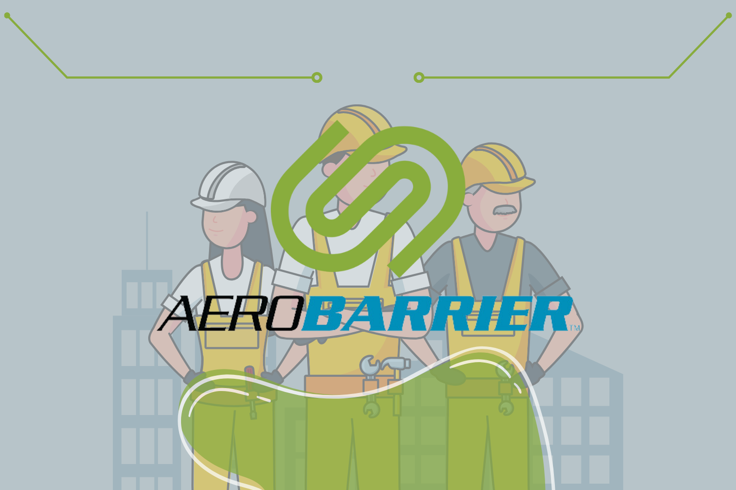 A group of construction workers are standing next to each other in front of a sign that says aerobarrier.