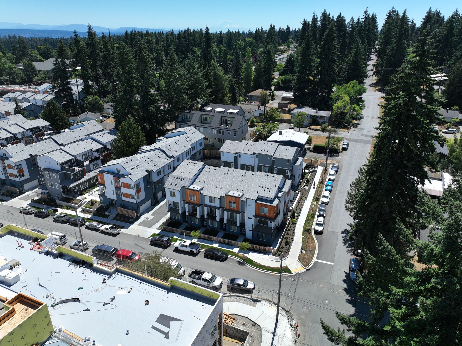 An aerial view of a residential area with lots of buildings and trees