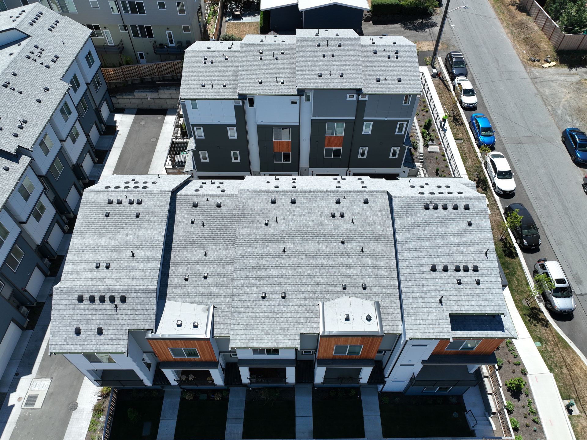 An aerial view of a building with a lot of windows
