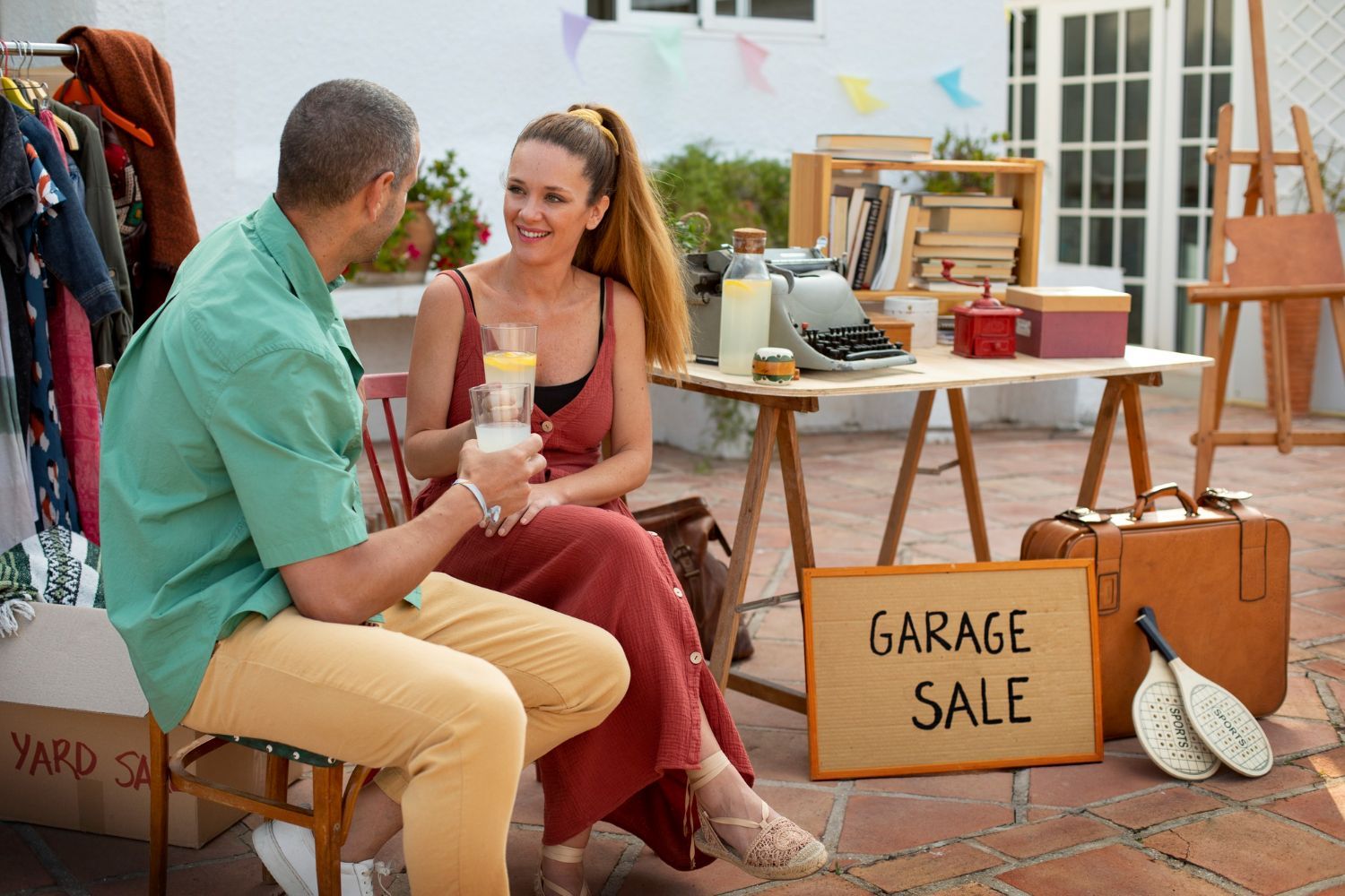 A man and a woman are sitting at a garage sale.