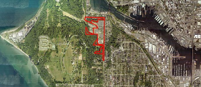 An aerial view of a city with a red area in the middle.