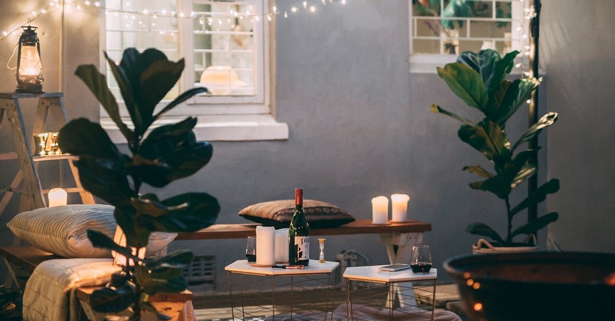 A living room with a table , chairs , plants and candles.