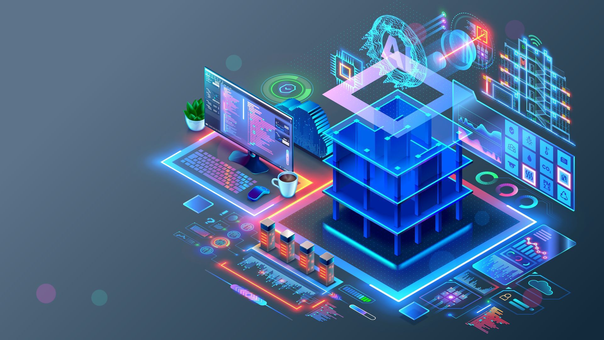 An isometric illustration of a computer and a server.