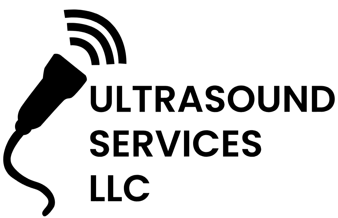 Black and white logo: ultrasound probe emitting sound waves, text 