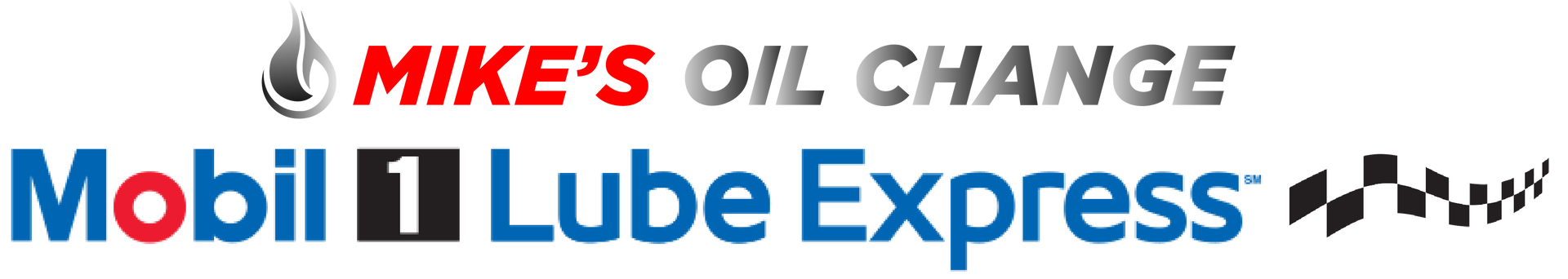 Mike's Oil Change logo: "Mobil 1 Lube Express" in blue and red text. A black checkered flag graphic is to the right.