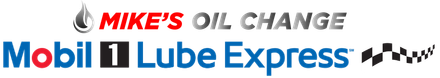 Mike's Oil Change logo: "Mobil 1 Lube Express" in blue and red text. A black checkered flag graphic is to the right.