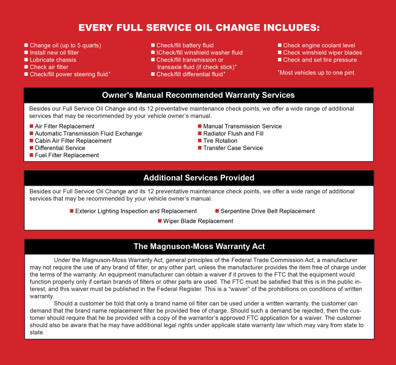 Red and white service ad. Text highlights oil change inclusions, recommended services, and warranty act.