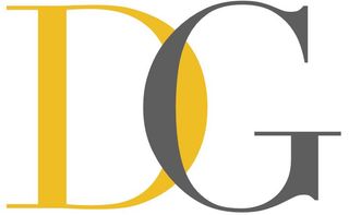 A yellow and gray logo for a company called dg.