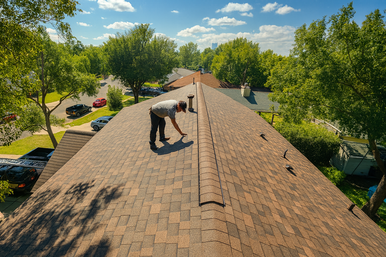 Roofer on a brown shingle roof, working with a brush. Green trees and houses in the background on a sunny day.