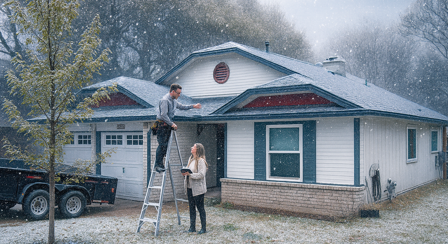 People on a ladder fixing a roof of a house in the snow; car and trailer visible.