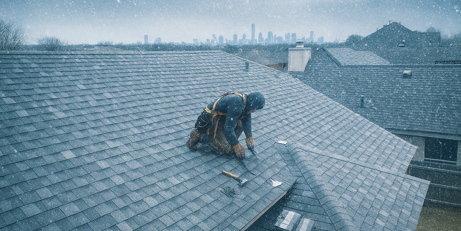 Roofer working on a gray shingle roof in a snowy, overcast environment, with a distant city skyline.