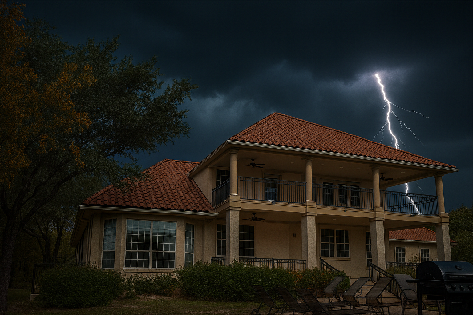Two-story house with red tile roof, illuminated by lightning in a stormy night sky.