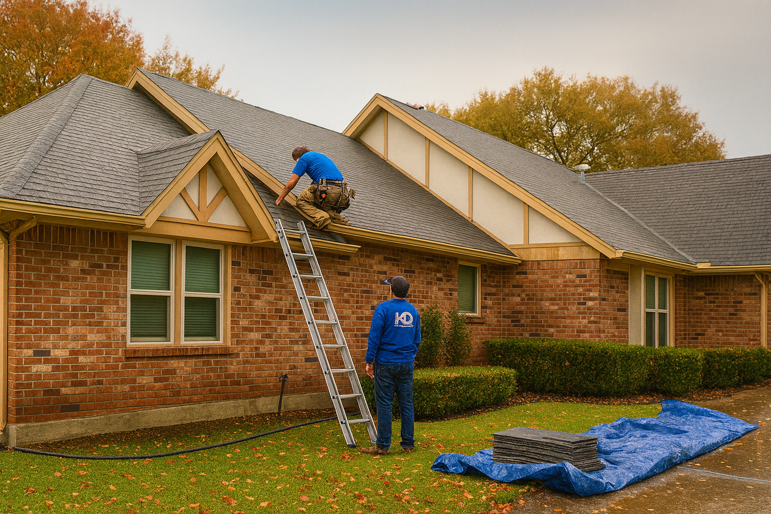 Two roofers on a ladder repairing a brick house roof; shingles and tarp on the ground.