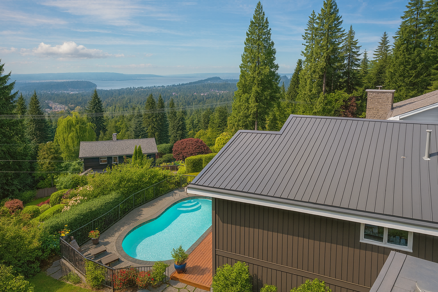 A house with a pool overlooking a lush, forested valley and the ocean under a blue sky.