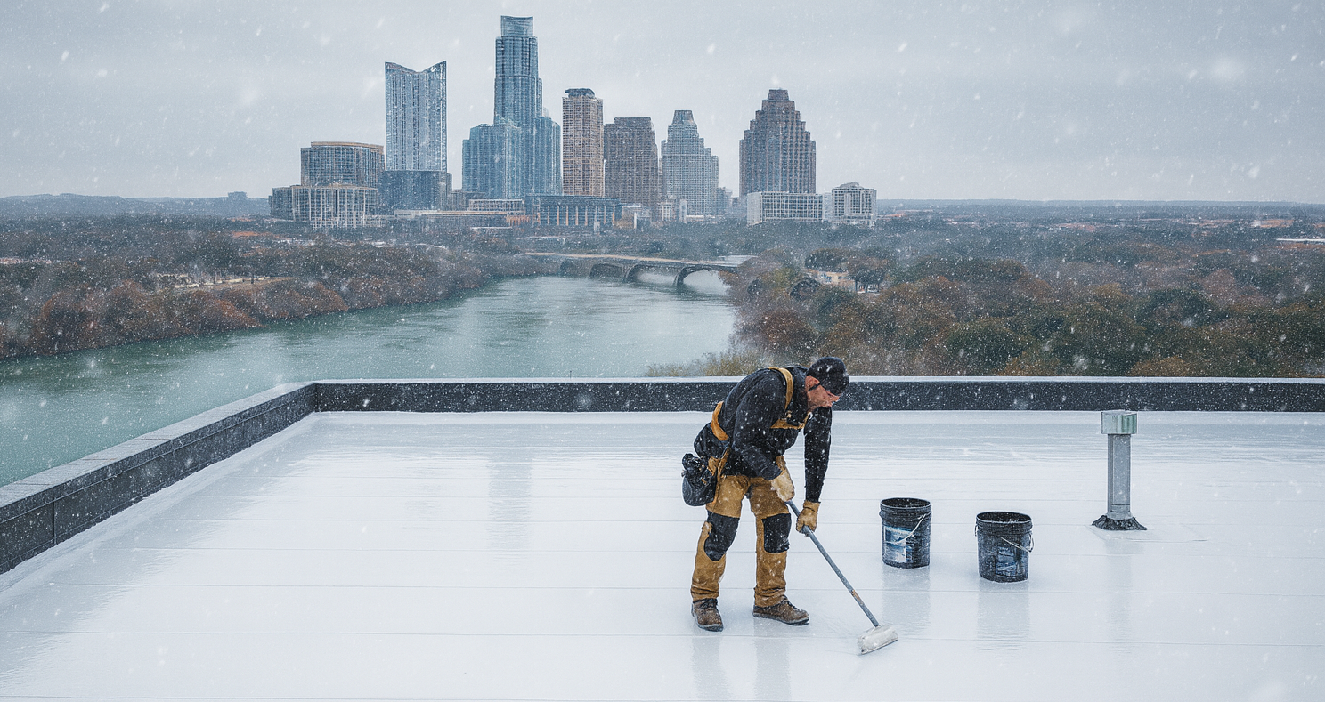 Roofer on a white flat roof, applying sealant with a cityscape and snowy weather in the background.