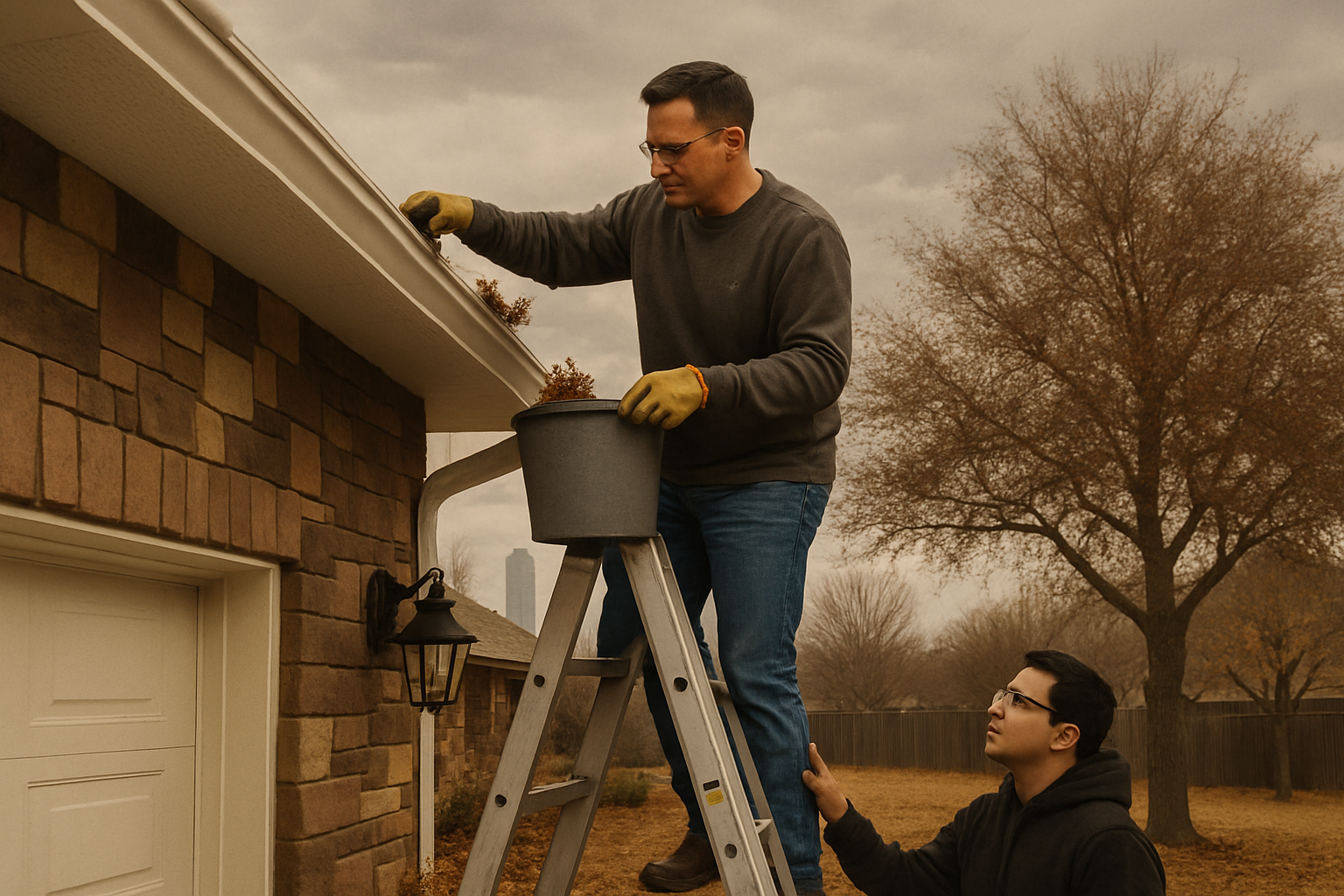 Two people cleaning gutters; one on ladder, one below. Overcast day.