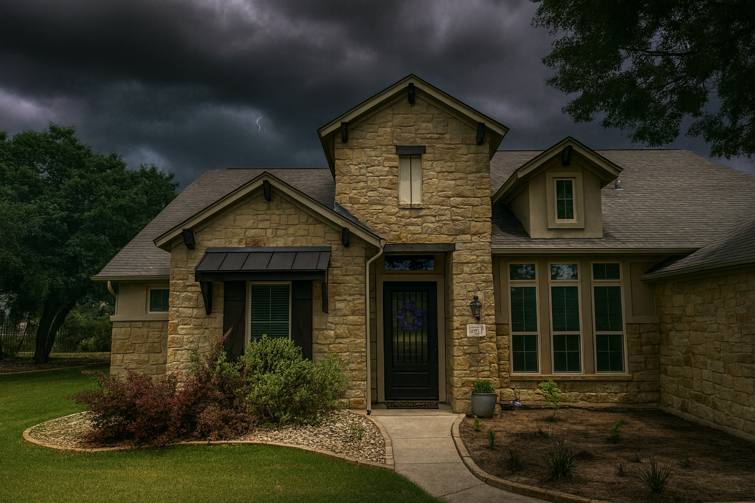 Stone house under a dark, stormy sky; lush green lawn and garden in front.