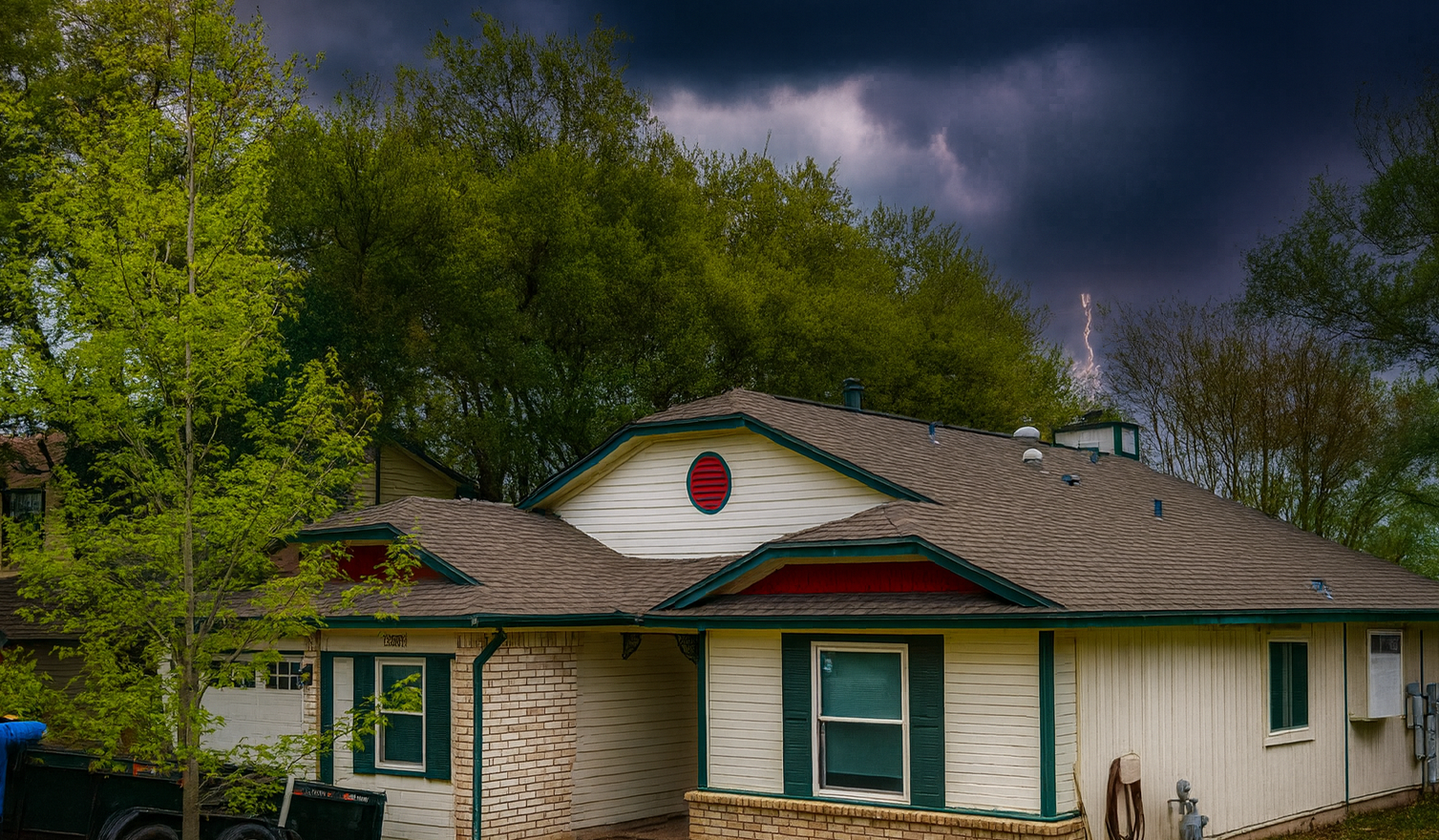 House with dark storm clouds overhead, green shutters, red trim, and lush trees.