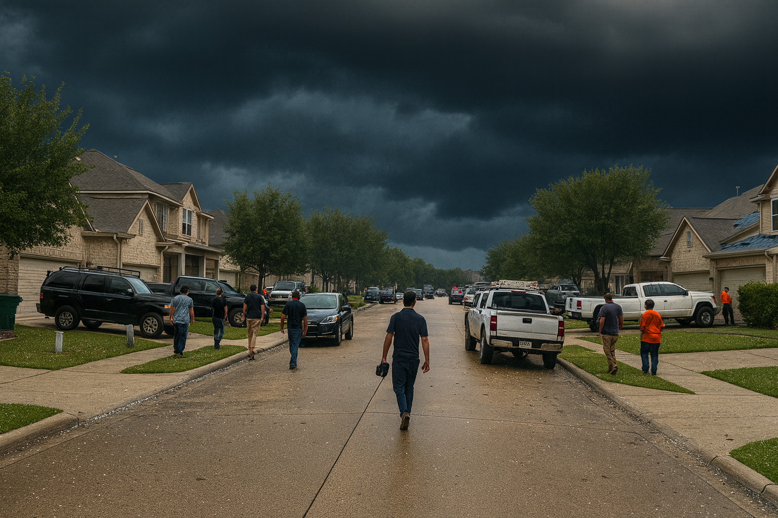 Dark storm clouds loom over a residential street with people and parked vehicles.