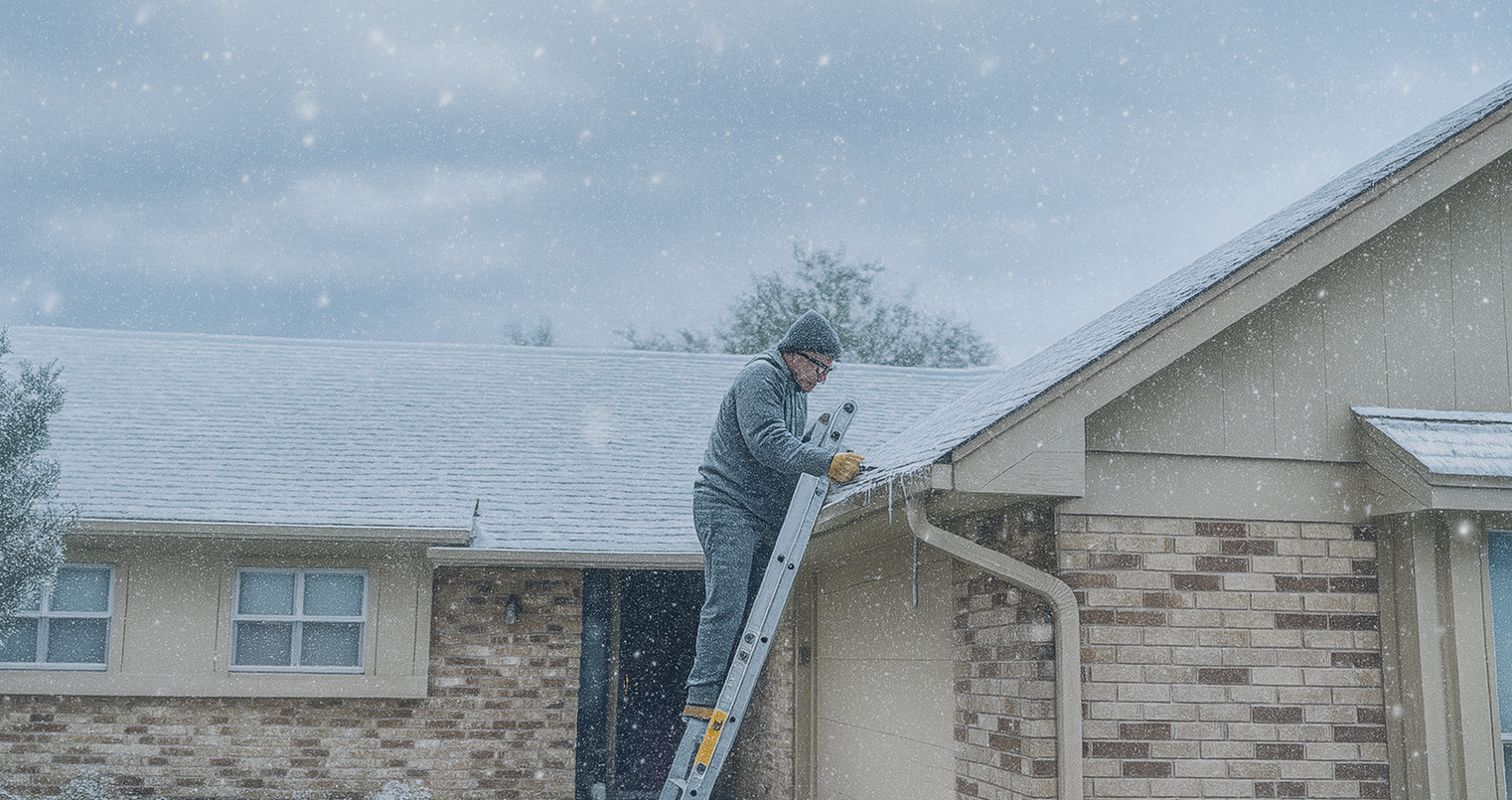 Person on a ladder hangs Christmas lights on a house roof as snow falls. Cloudy sky.