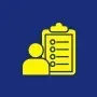 Yellow person icon next to a yellow clipboard with a checklist on a blue background.