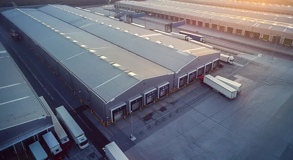 Aerial view of a large warehouse with several loading docks and parked semi-truck trailers.