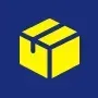 Yellow box with black stripes on a blue background.