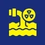Yellow symbol of nuclear waste pipe polluting water, blue background.