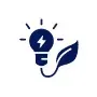 Blue lightbulb with a lightning bolt and a leaf, symbolizing eco-friendly energy.