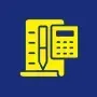 Yellow notepad, pen, and calculator icons on a dark blue background.