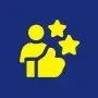 Yellow figure with stars and thumbs-up on a blue background, representing positive feedback.