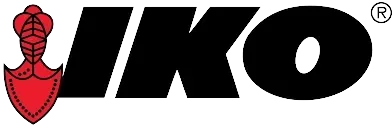 Logo for IKO: red shield with floral design beside black 