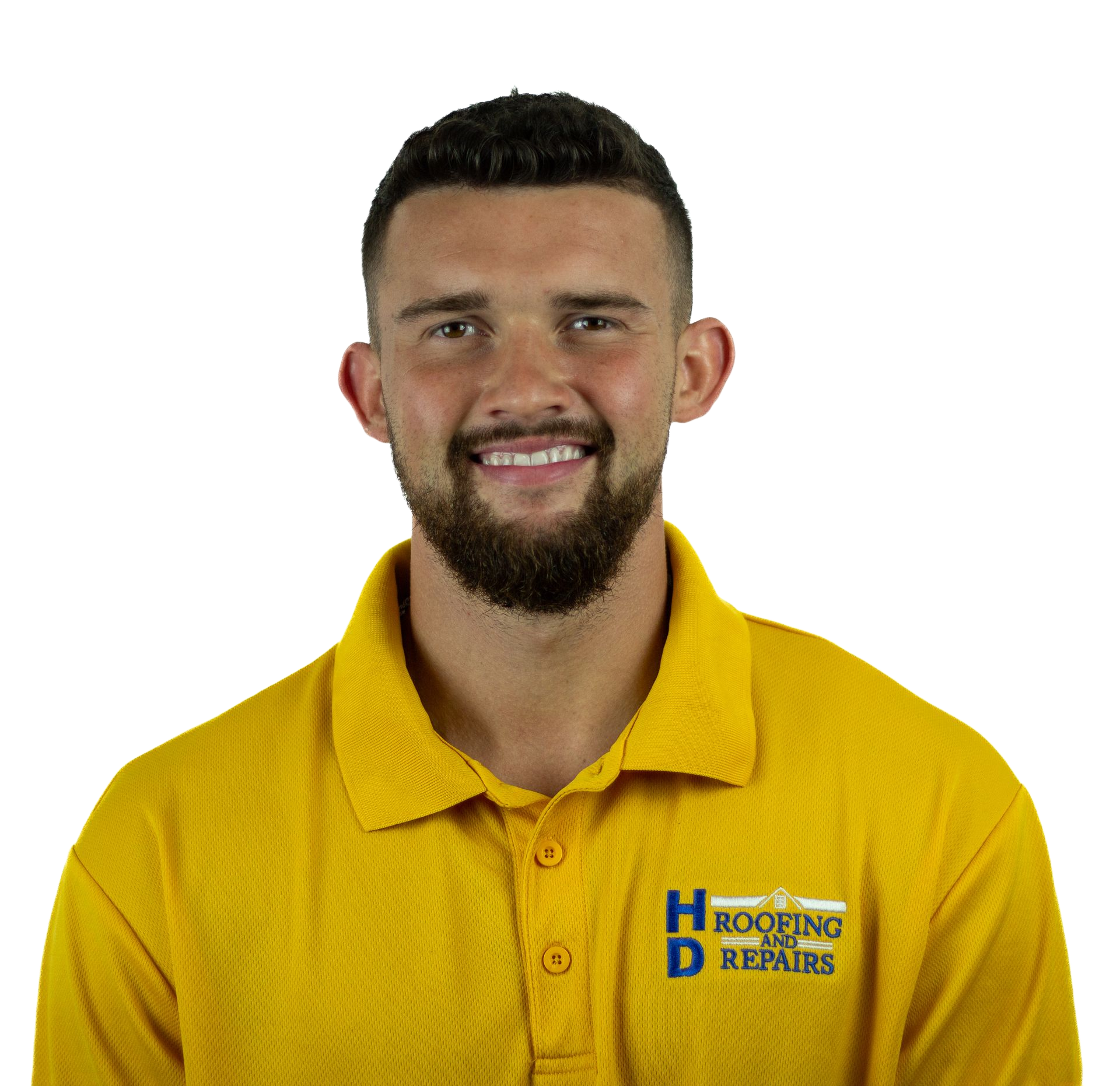 Man in yellow polo smiling, logo on shirt says "HD Roofing & Repairs."