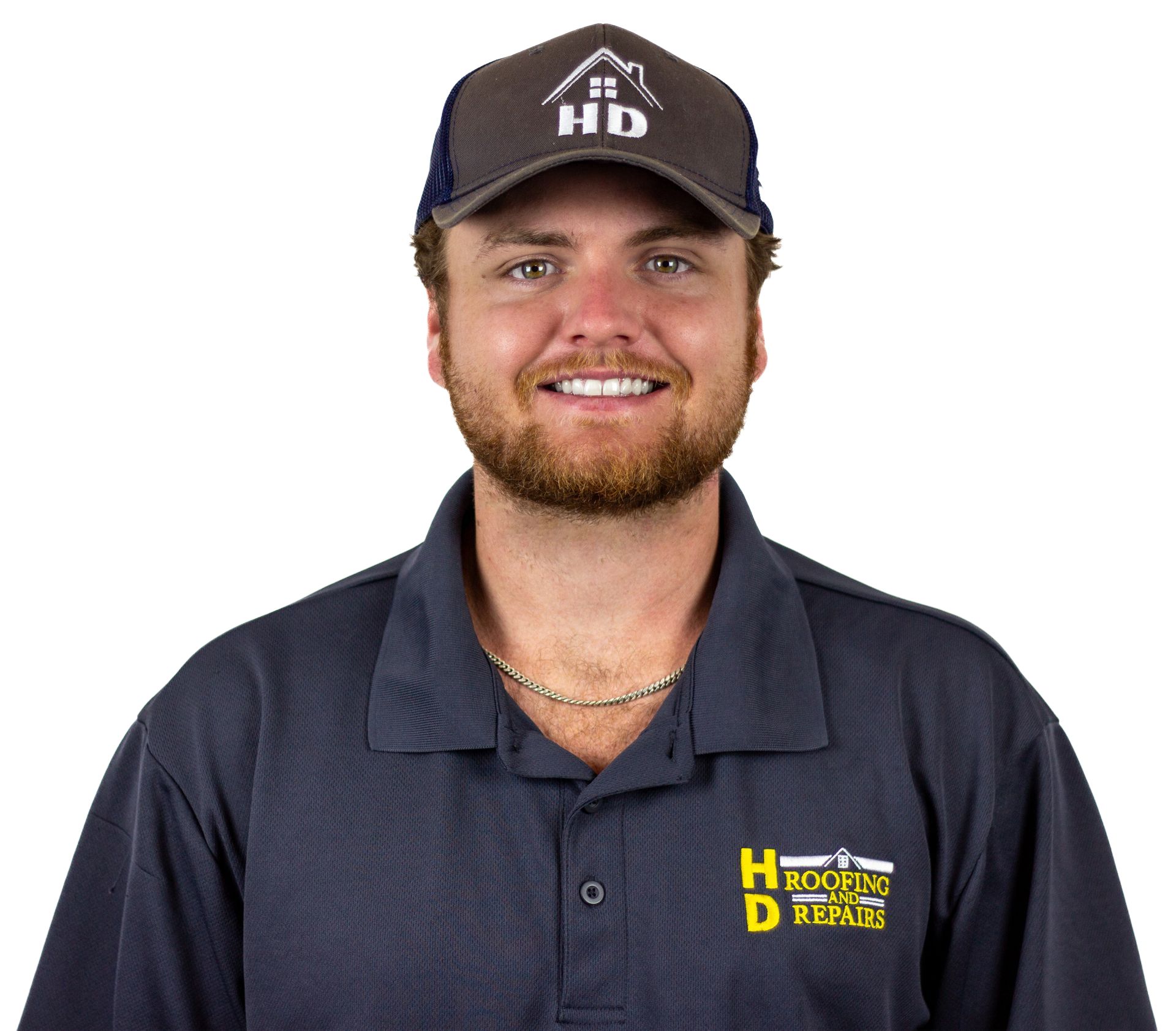 Man in polo shirt and hat smiling, logo 