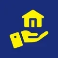 Yellow hand holding a yellow house icon on a blue background.